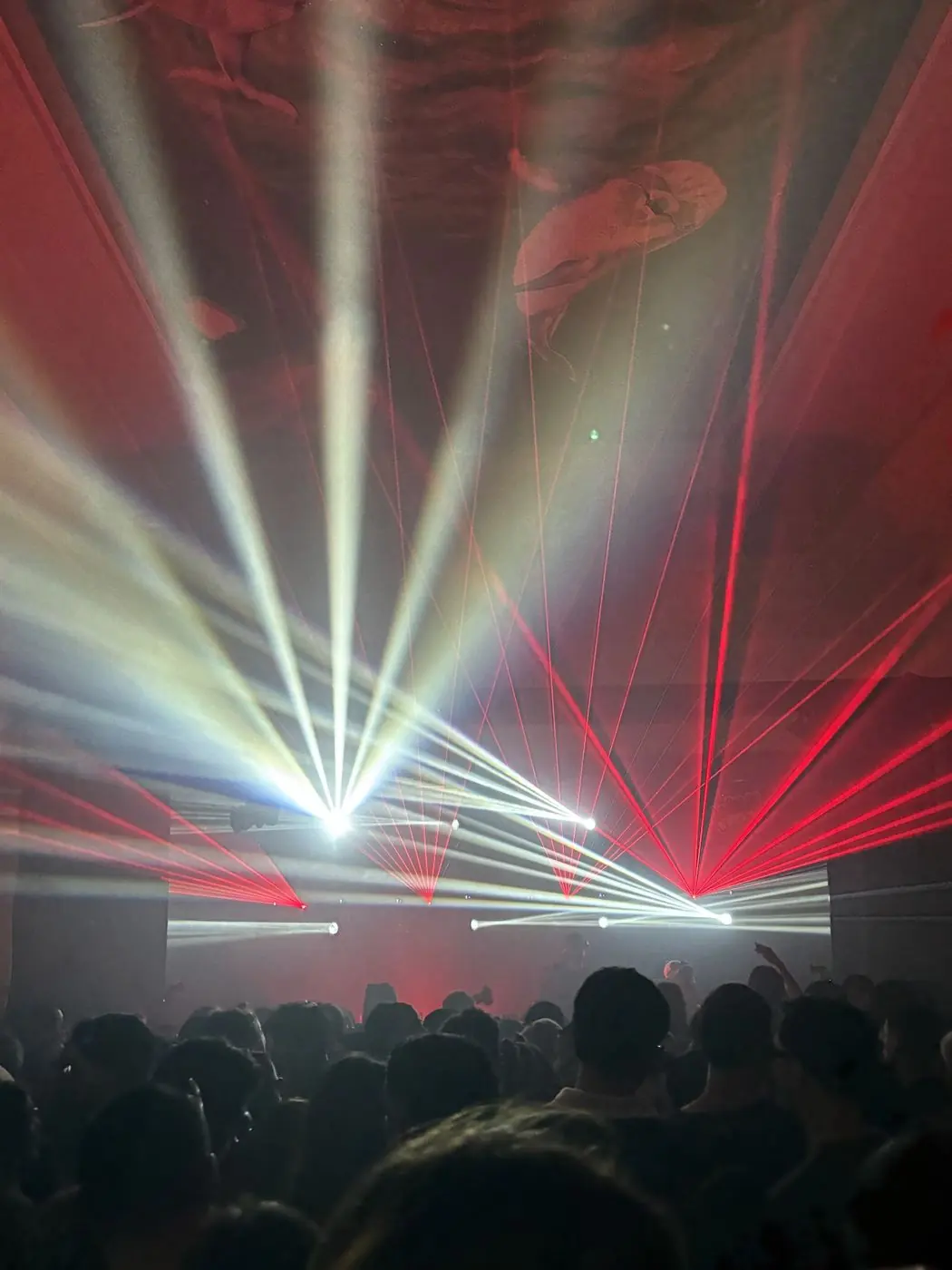 Iluminación robótica y láseres rojos en un show de DJ